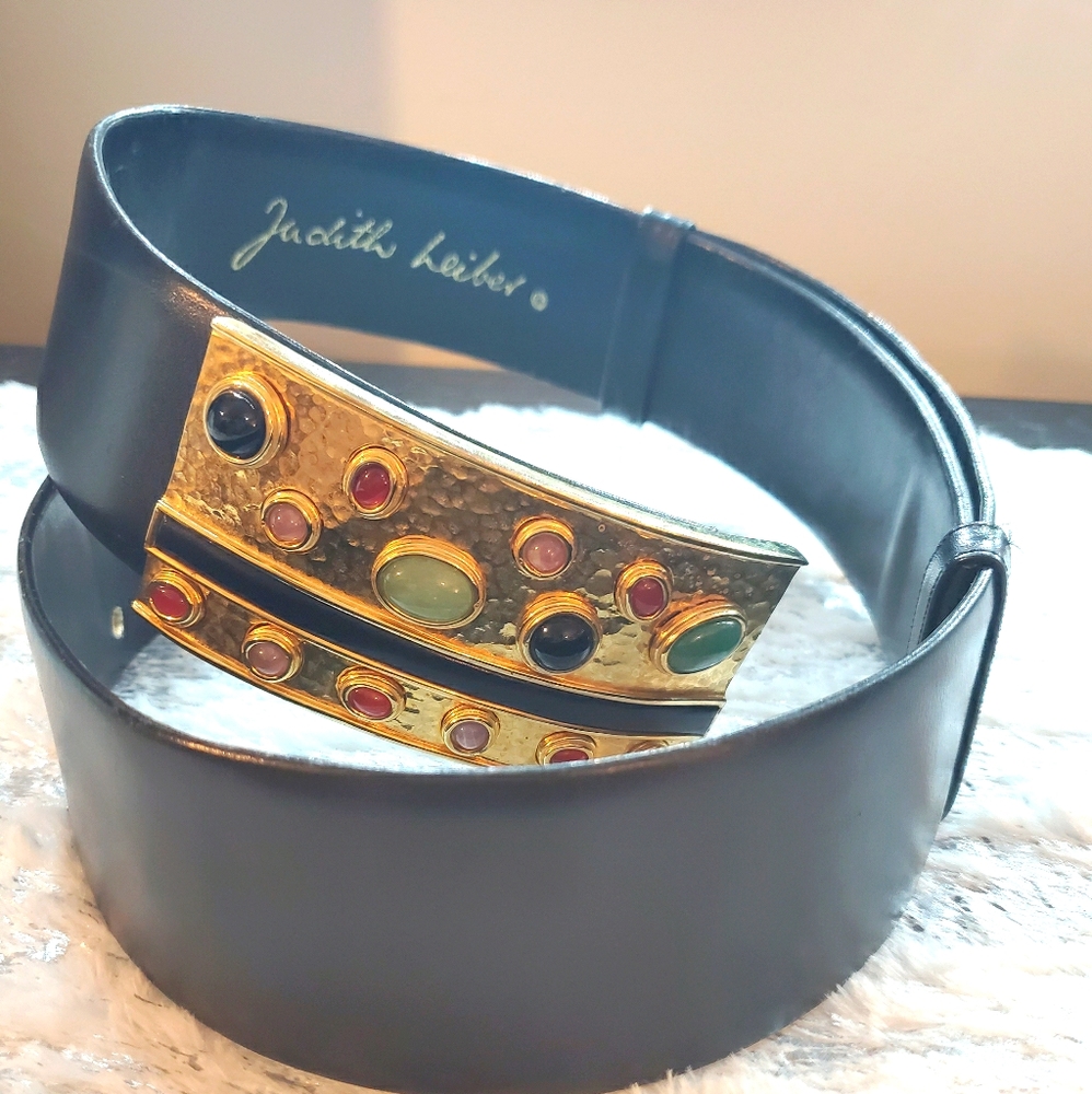 Judith Leiber Black Leather Vintage Belt